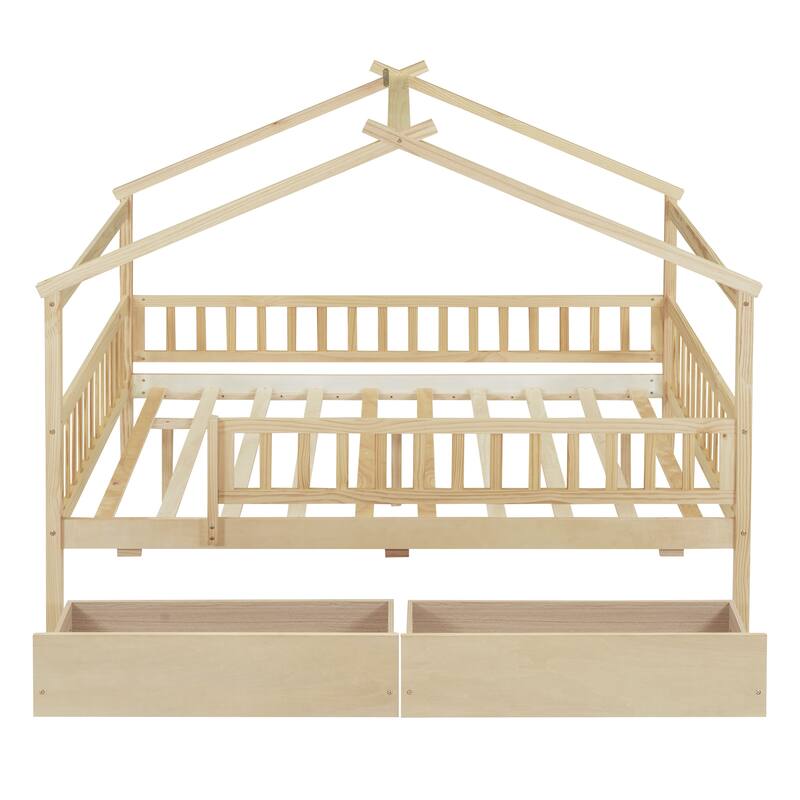 Full Size Playhouse Bed with Fence & Roof for Kids, Boys or Girls, Wooden Full Bed Frame with Two Drawers, No Box Spring Needed