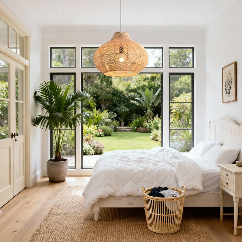 14" Coastal Natural Rattan Lantern Pendant Light Chandelier