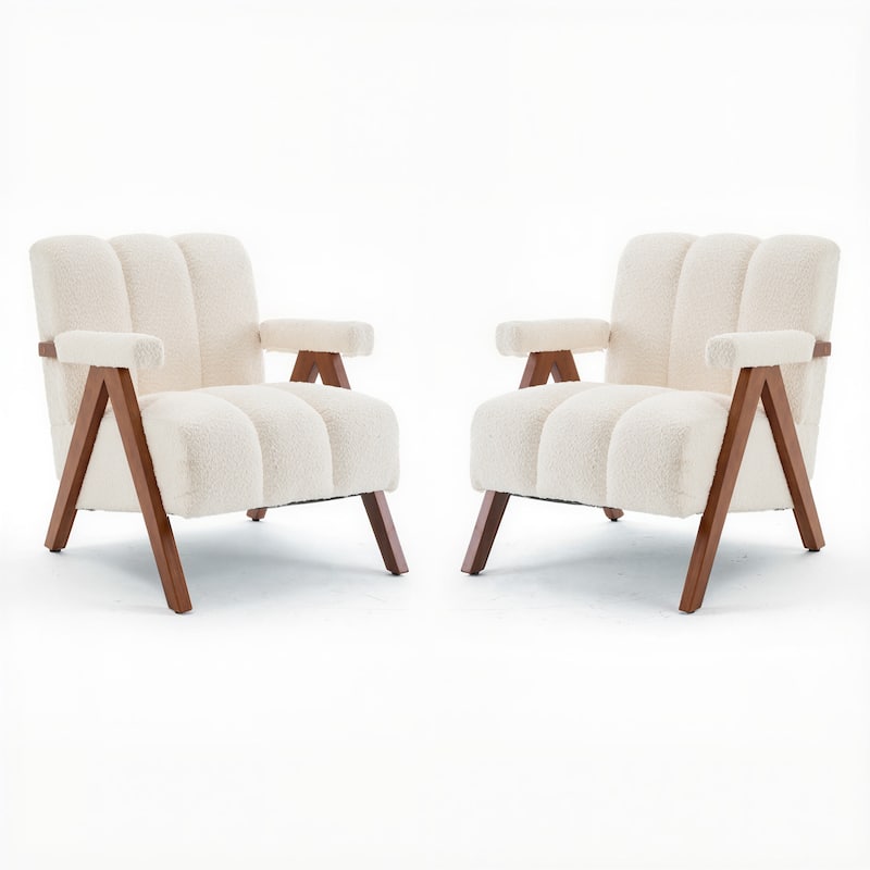 Mid Century Modern Accent Chair, Chenille Armchair with Solid Wood Legs, Channel Tufted Comfy Reading Chair for Living Room - Set-of-2-Beige