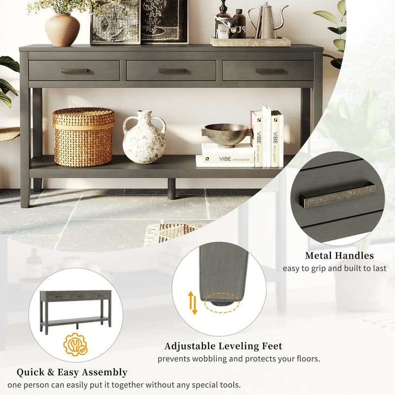 62.2" Modern Farmhouse Console Table with 3 Drawers & Open Shelf