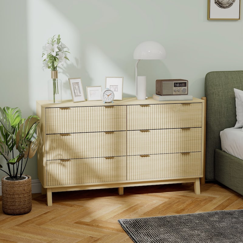 HOMCOM Fluted Dresser for Bedroom with 6 Drawers, 54" Wide Chest of Drawers with Gold Finger Pulls and 5 Wood Legs