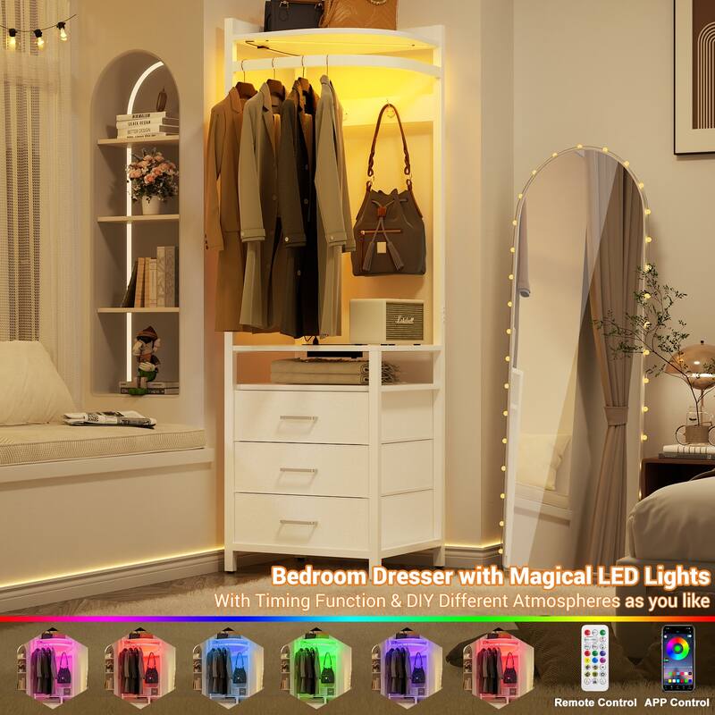 Corner Garment Rack with Power Outlets & LED Lights, Closet Organizer with 3 Fabric Drawers