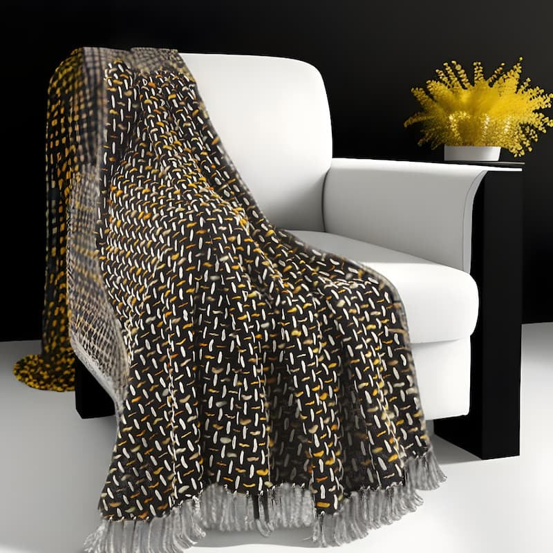 HomeRoots Black and Gold Woven Cotton Geometric Throw Blanket - Throw - Black/Gold