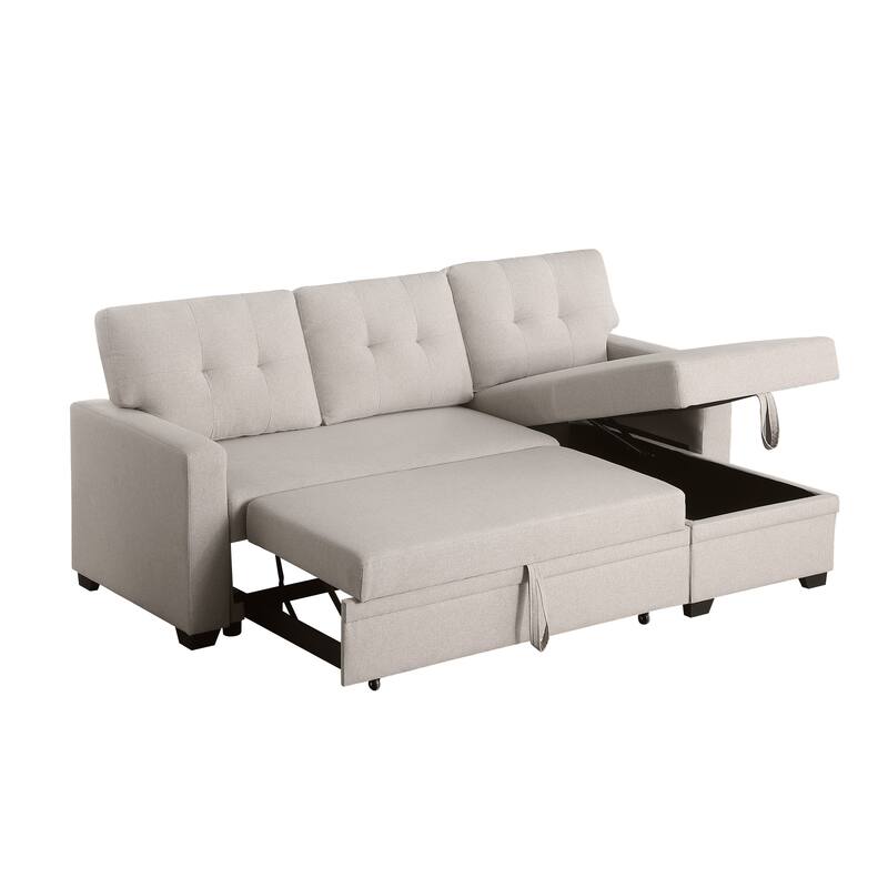 Beige Linen Upholstered Pull out Sectional Sofa with Chaise