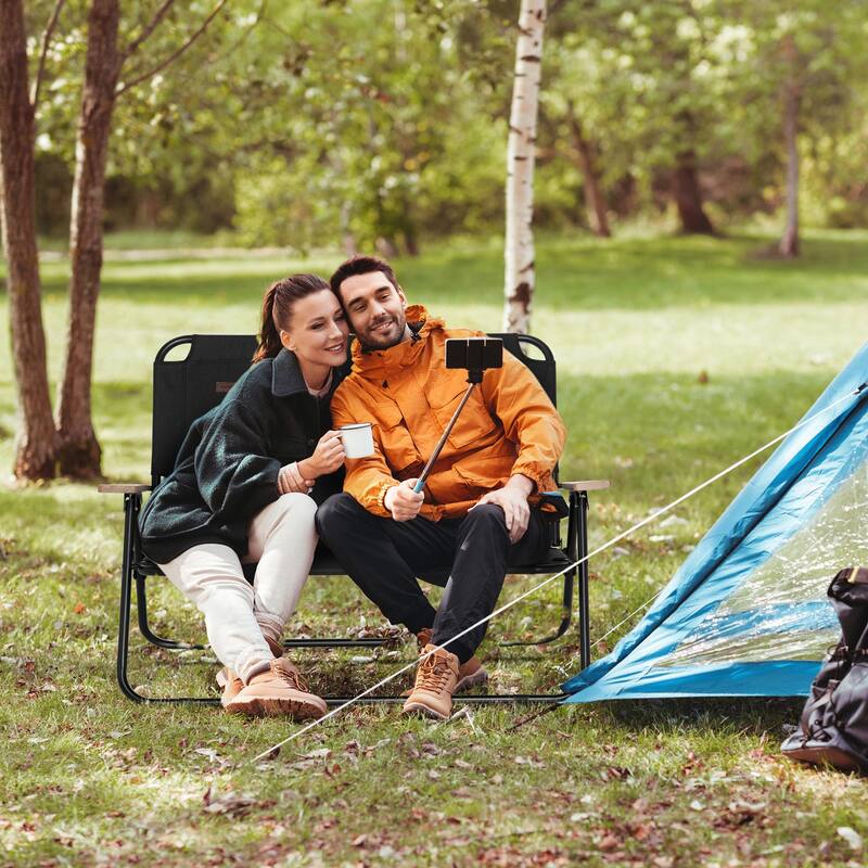 Black Steel and Oxford Cloth Folding Loveseat Camping Chair with Cup Holders - 45" W x 26.5" D x 31.5" H - Black