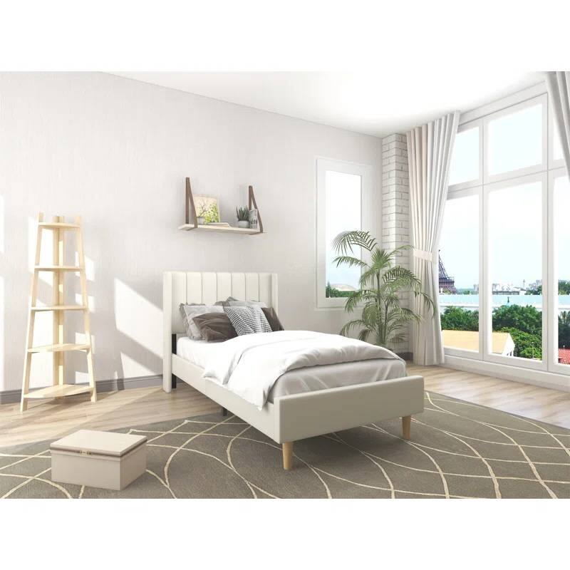 Twin Size Mid Century Modern Platform Bed Frame with Upholstered Headboard Linen No Box Spring Needed