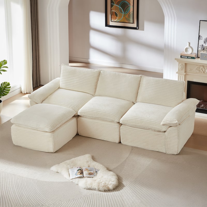 L Shaped Sectional Sofa with Ottoman, Oversized Corduroy Upholstered Cloud Sofa, High-Density Sponge 4 Seater Sofa