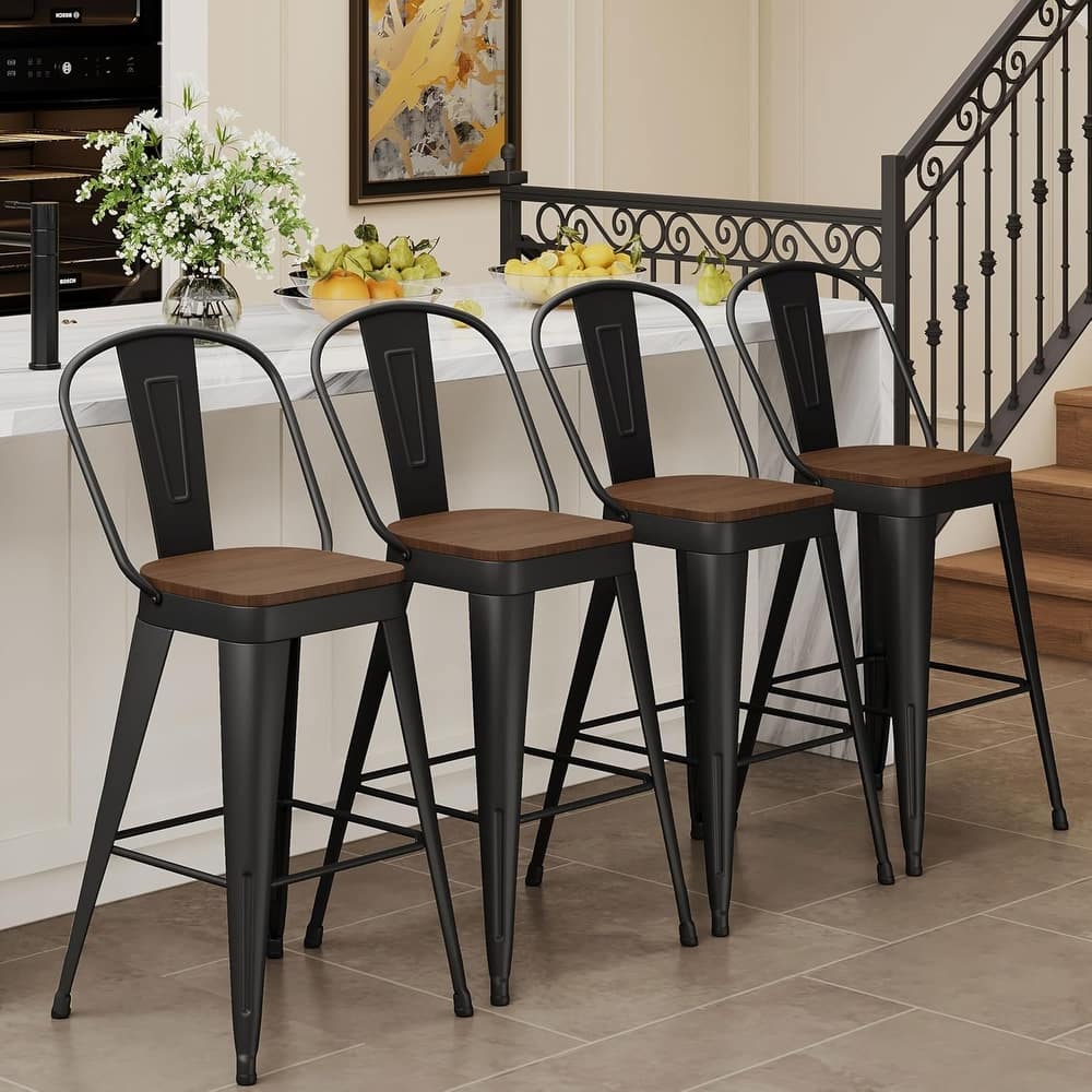 Counter Stools with Metal Frame Counter Height Bar stools with High Back 24" Kitchen Bar Furniture Stools with Wooden Seat