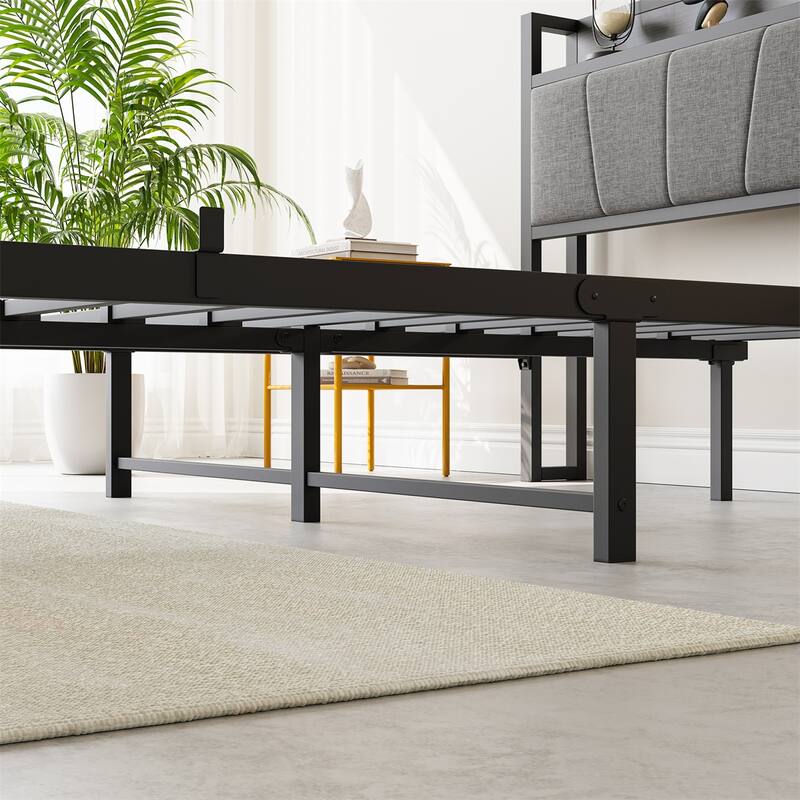 Full Size Bed Frame, Storage Headboard with Charging Station