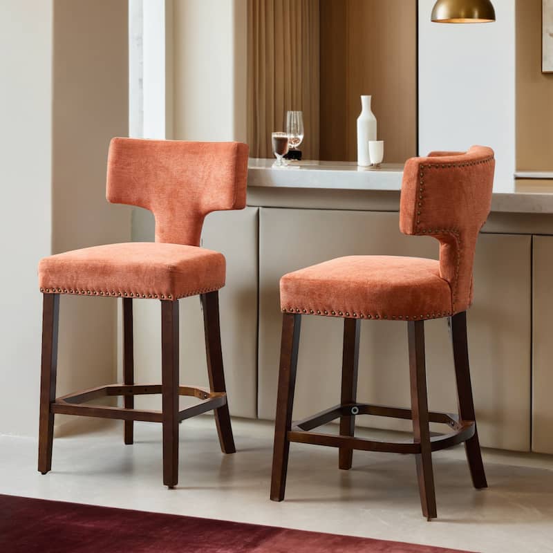 Mid Century Modern Counter Height Bar Stools Set of 2, Farmhouse Linen Fabric Upholstered Accent Chair Curved Backrest - Orange