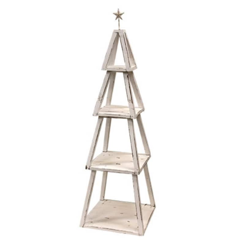 Distressed Wooden Christmas Tree Shelf with Stacking Pieces and Metal Star for Farmhouse Decor - 4 Tier - Whitewashed