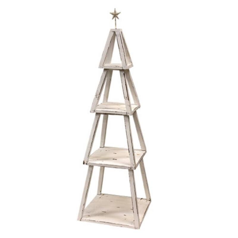 Distressed Wooden Christmas Tree Shelf with Stacking Pieces and Metal Star for Farmhouse Decor