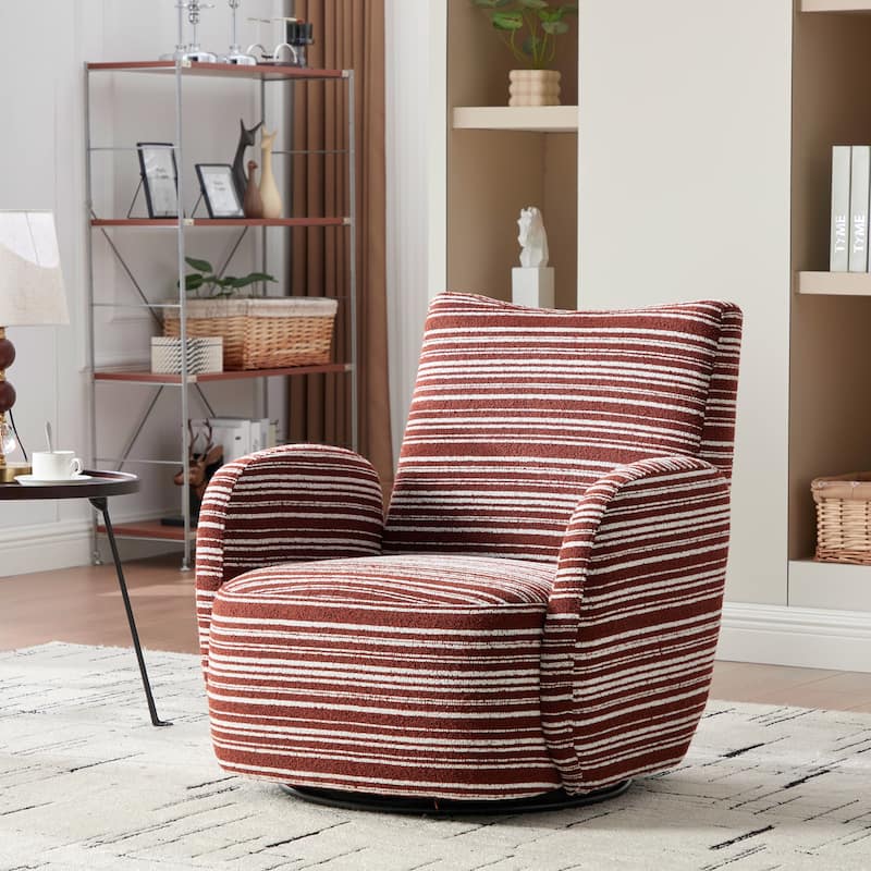 HOMEFUN Boucle Upholstered 360° Swivel Fabric Striped Armrest Leisure Chair for Living room and Bedroom - Red