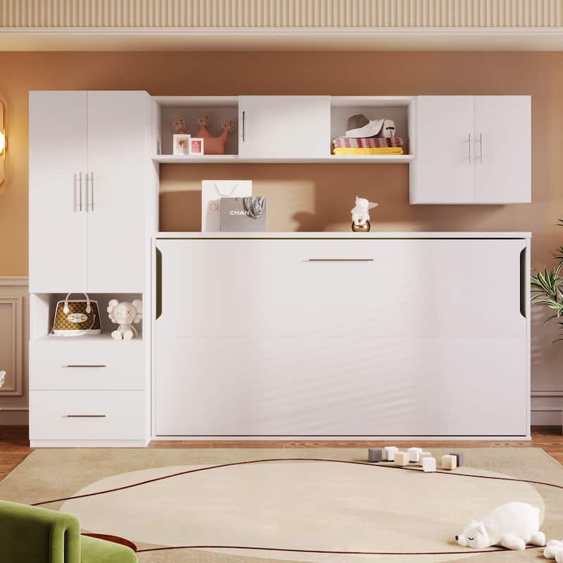 Twin Size Wall Bed with Shelves, Storage Drawers, Wardrobe, and Desk, White