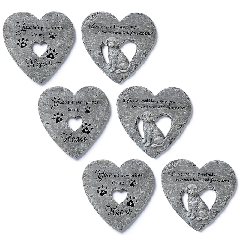 Glitzhome 6-Piece Cement Heart Shaped Paw Prints and Dog Memory Stepping Stones - 10 in