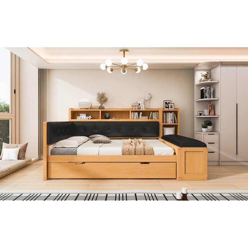 Roomfitters Full Wood Daybed with Trundle, Storage Shelves and Side Bench