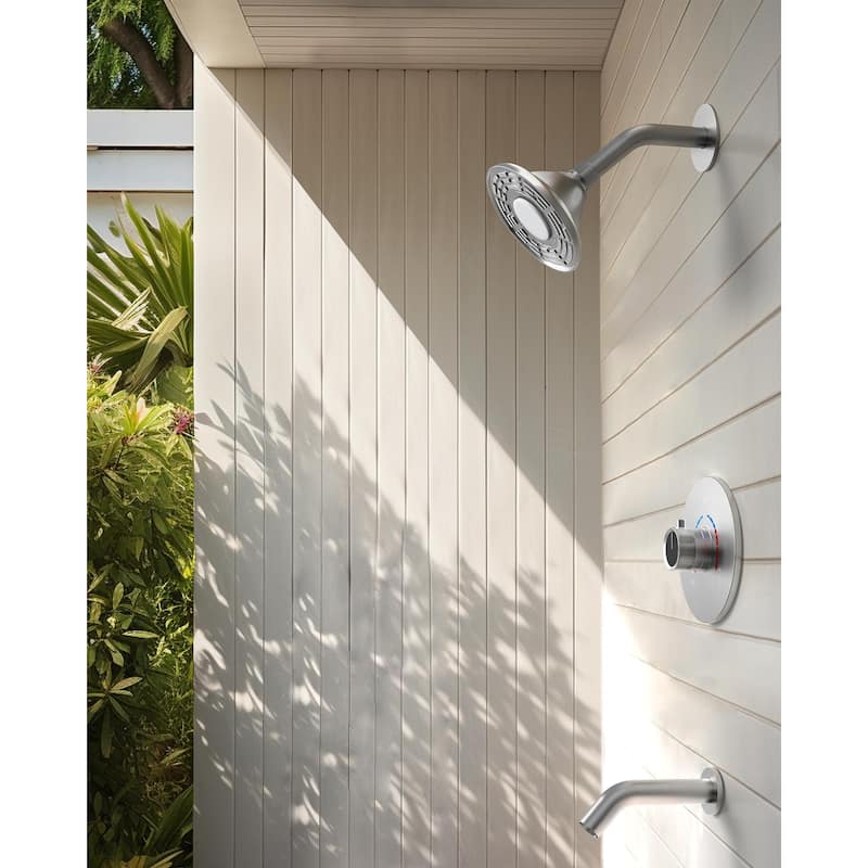 GRANDJOY 5 inch Wall Mount Shower Head with Tub Spout Shower Faucet Set Temperature Display Pressure Balanced Valve - Brushed Nickel