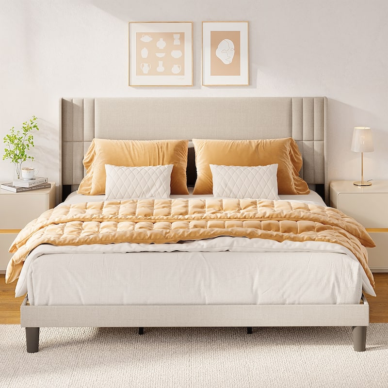 Twin/Full/Queen/King Bed Frame with Wingback Headboard, Upholstered Platform Bed