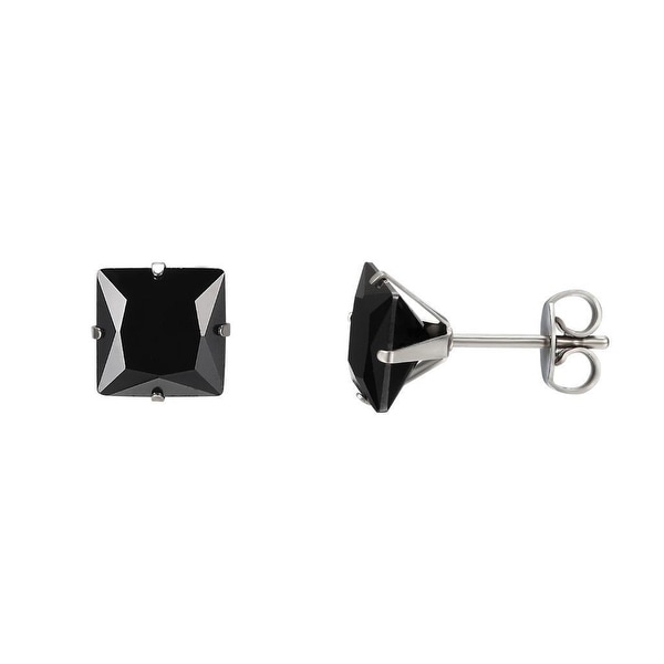Black Princess Cut Earrings Studs Cubic Zirconia Stainless Steel 6mm Mens Ladies