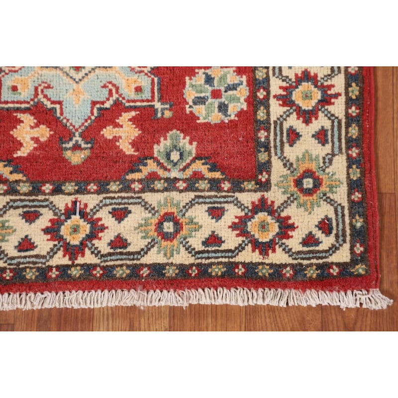 Geometric Red Kazak Runner Rug Hand-Knotted Wool Carpet - 2'1" x 6'0"