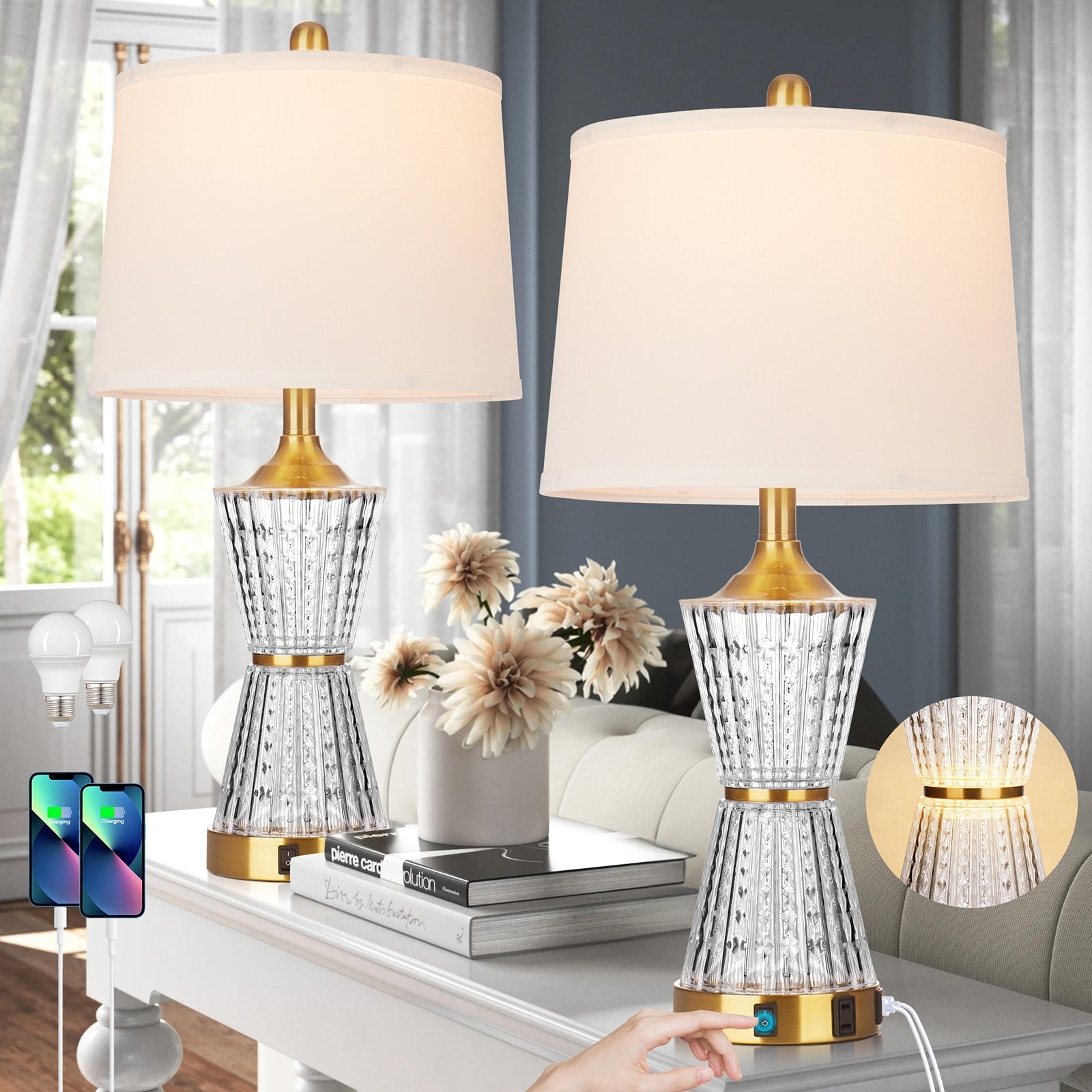 Cinkeda Table Lamp Gold Acrylic with Night-light (Set of 2)