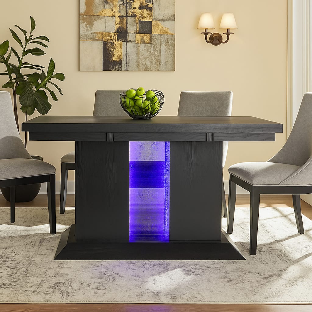 Wooden Dining Table with Pedestal Base Legs and LED Light, Black