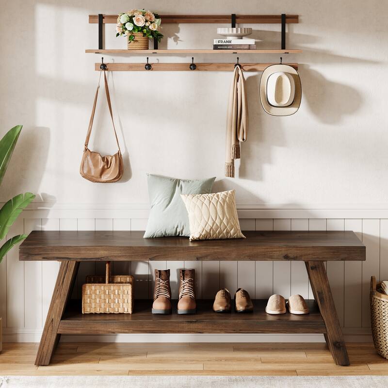 2-Tier Solid Wood Entryway Bench - Dark Brown