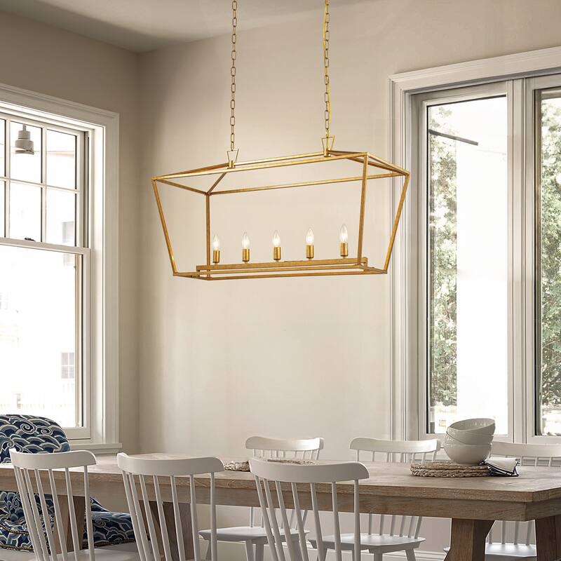 5-Light 39'' Modern Industrial Matte Gold Linear Lantern Geometric Chandelier Rectangle Cage Light For Kitchen Island - W39''