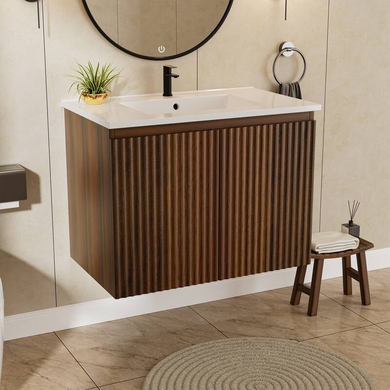 30 inch Walnut Folding Wall Cabinet With Creamic Sink- Patented 1-Minute Install, Space-Saving & Easy Assemble - Walnut