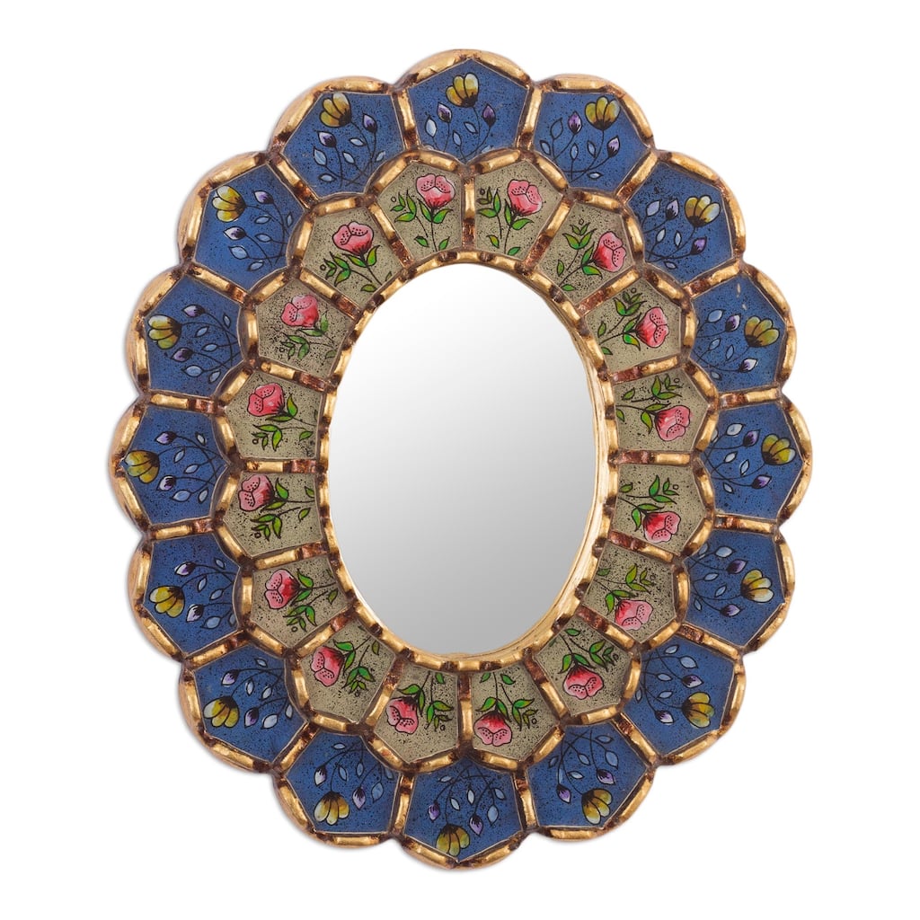 Novica Handmade Idyllic Garden In Blue Reverse-Painted Glass Wall Mirror
