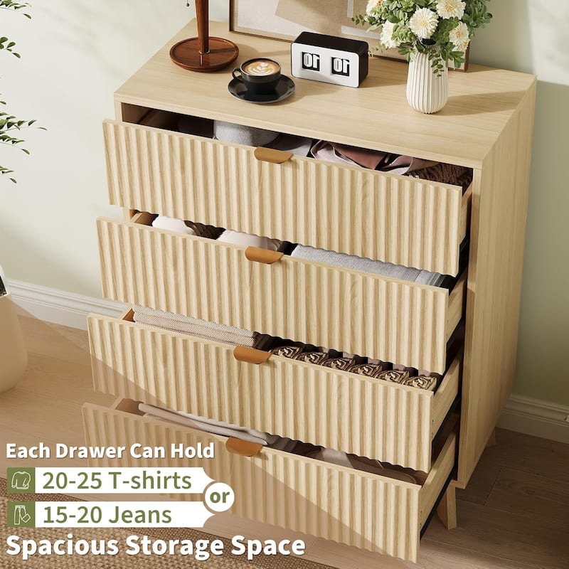 Mid-Century Fluted 3/4/5-Drawer Dresser, Natural Wood Chest of Drawers