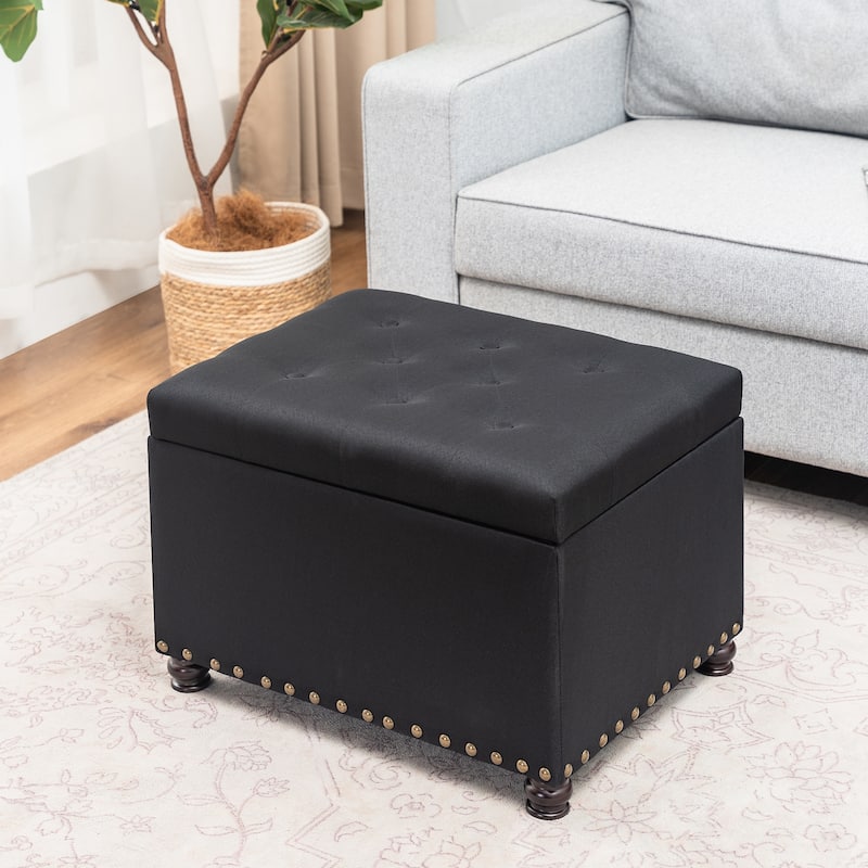 Adeco Storage Ottoman Tufted Linen Wood Bench with Nails - Black
