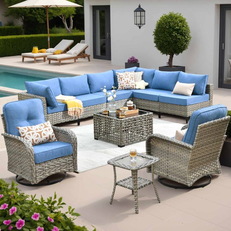 OVIOS 10 Pieces Outdoor Wicker Swivel Chair Set With Solar-Powered Coffee Table - DiamondBlue