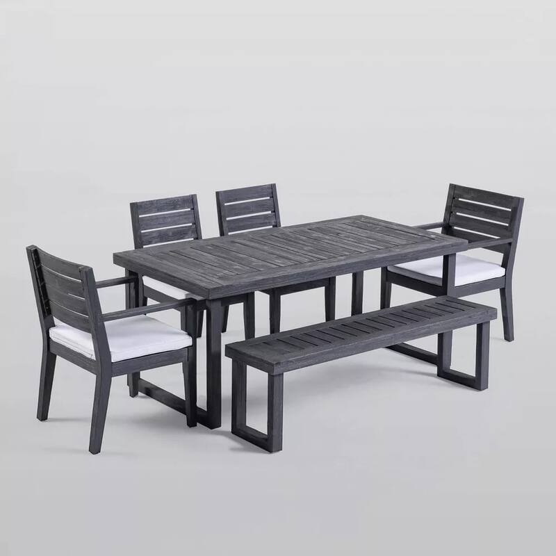 6 Piece Patio Furniture Set, Acacia Wood Outdoor Table and Chair Set with Rectangular Table, 4 Chairs and 1 Bench聽