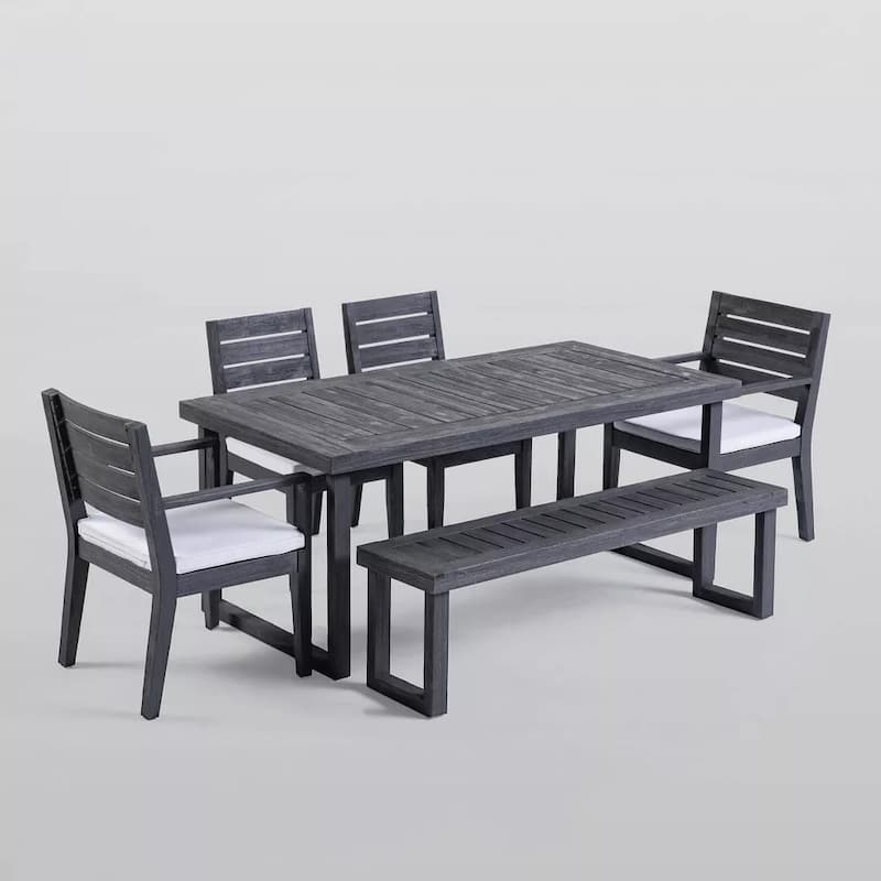 Outdoor 6 Seater Acacia Wood Dining Furniture Set with Cushions - DARK GREY,LIGHT GREY