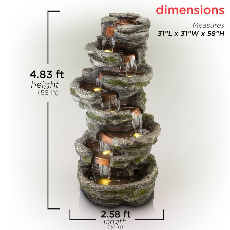 Alpine Corporation WIN1146 58" Gray Outdoor Floor 8 Tier Rock Water Fountain with LED Lights