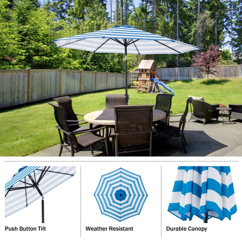 Pure Garden 9ft Striped Patio Umbrella with Push Button Tilt