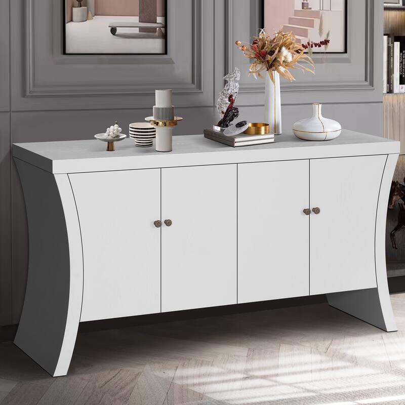 GDFStudio - Industrial 4-Door Credenza with Wooden Arc Legs & Bronze Clasps, Solid Wood Storage Cabinet