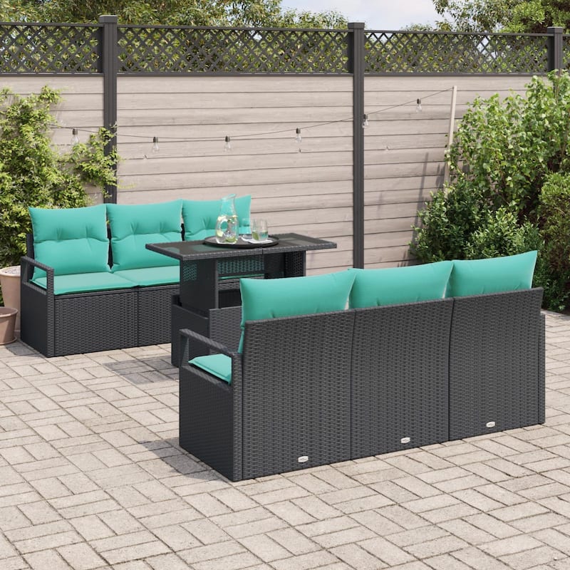 vidaXL 7 Piece Garden Sofa Set with Cushions Black Poly Rattan - 68.9×24.4×27.2