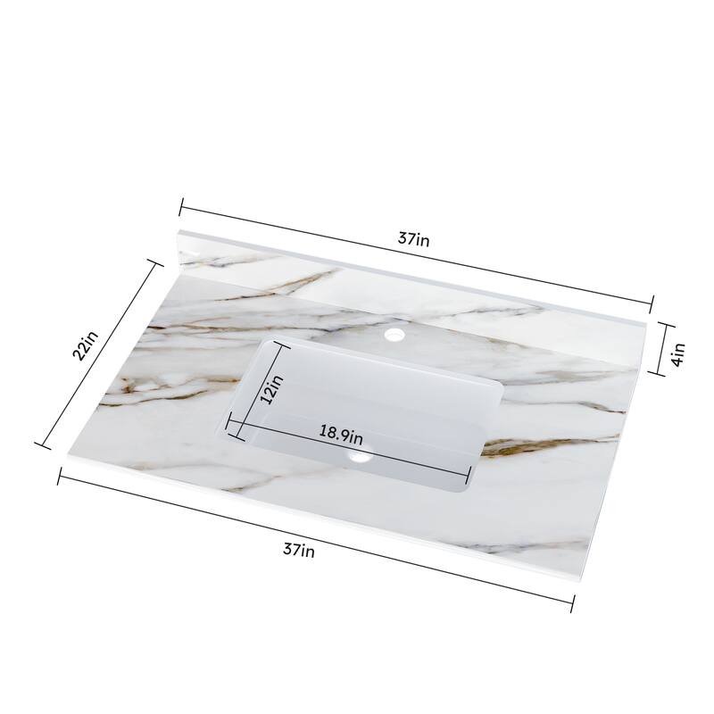 37 Inch Marble Vanity Top, Bathroom Vanity Top with Undermount Rectangular Middle Sink and 4" Height Backsplash