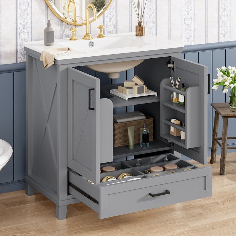 30" Bathroom Vanity with Single Sink - Solid Wood & MDF, 2 Soft-Close Doors, Divided Drawer, Dual Shelves, Compact Storage - Grey