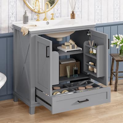 30-inch Bathroom Vanity with Single Sink, Solid Wood Frame + MDF, 2 Soft-Close Doors, 1 Divided Drawer, Dual Storage Shelves
