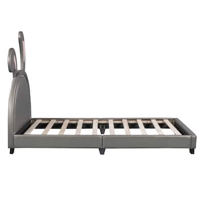 Upholstered Leather Platform Bed with Rabbit Ornament