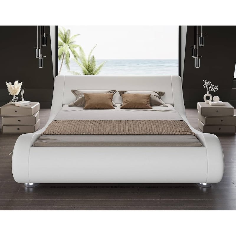Upholstered White Platform Bed Frame with Curved Headboard and PU Leather