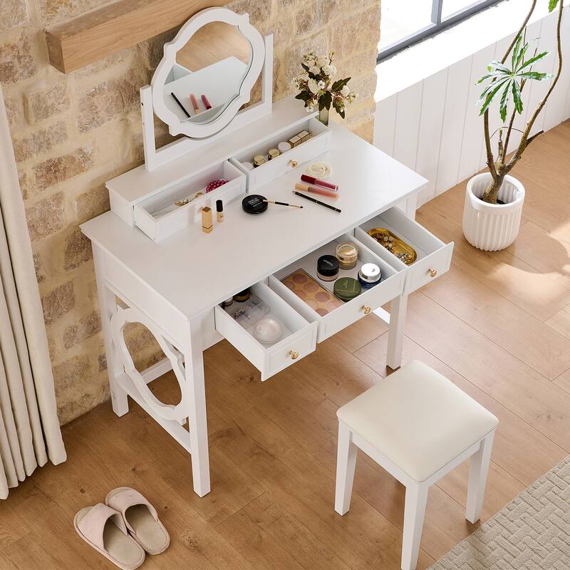 Compact Makeup Vanity Table with Reversible Mirror and Stool for Small Places