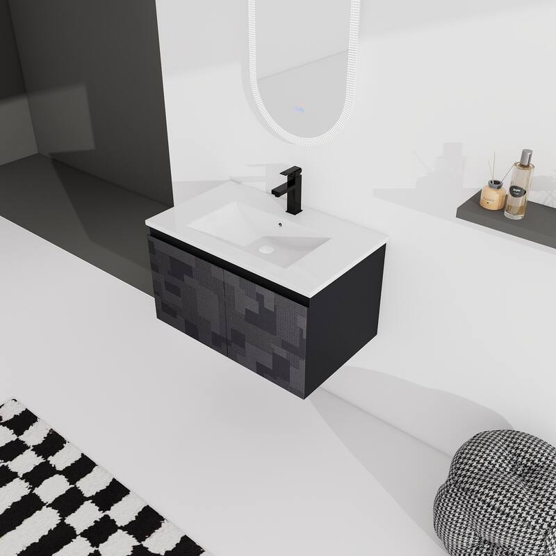 Plywood Wall Mounting Bathroom Vanity Set in Black with Integrated Ceramic Sink