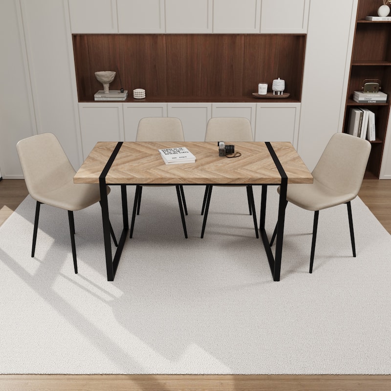 Modern 5-Piece Dining Set with Light Wood Rectangular Metal Base Table & 4 Square Corner Suede Chairs