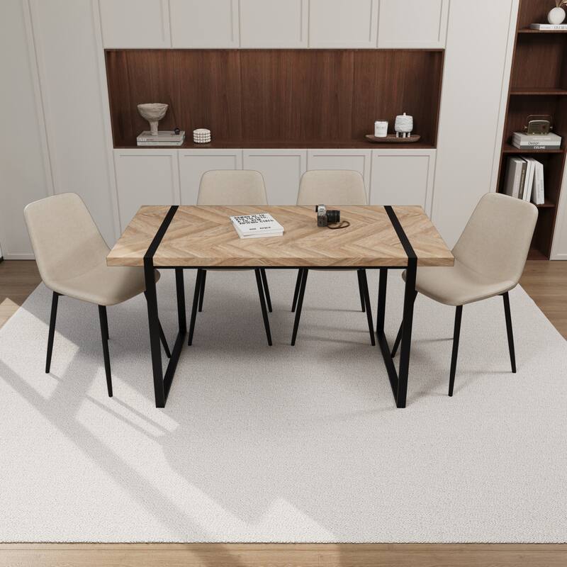 Modern Style 5-Piece Dining Set with Light Wood Rectangular Metal Base Table and 4 Square Corner Suede Dining Chairs