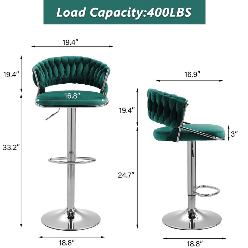 Set of 2 Modern Velvet Adjustable Bar Stools with Backs