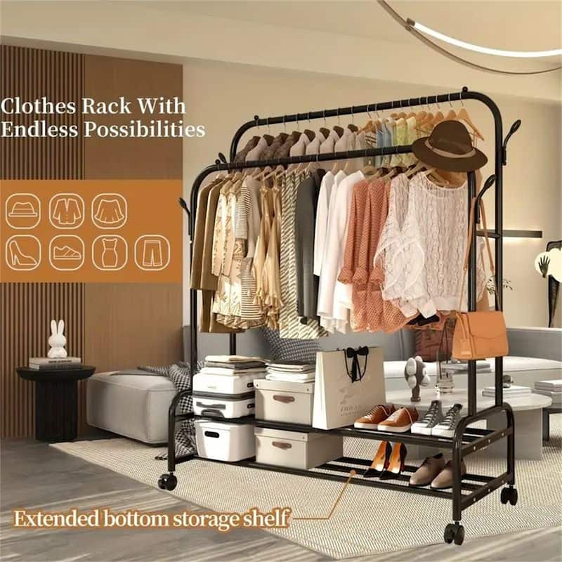 Heavy-Duty Rolling Metal Garment Rack with Dual Bars